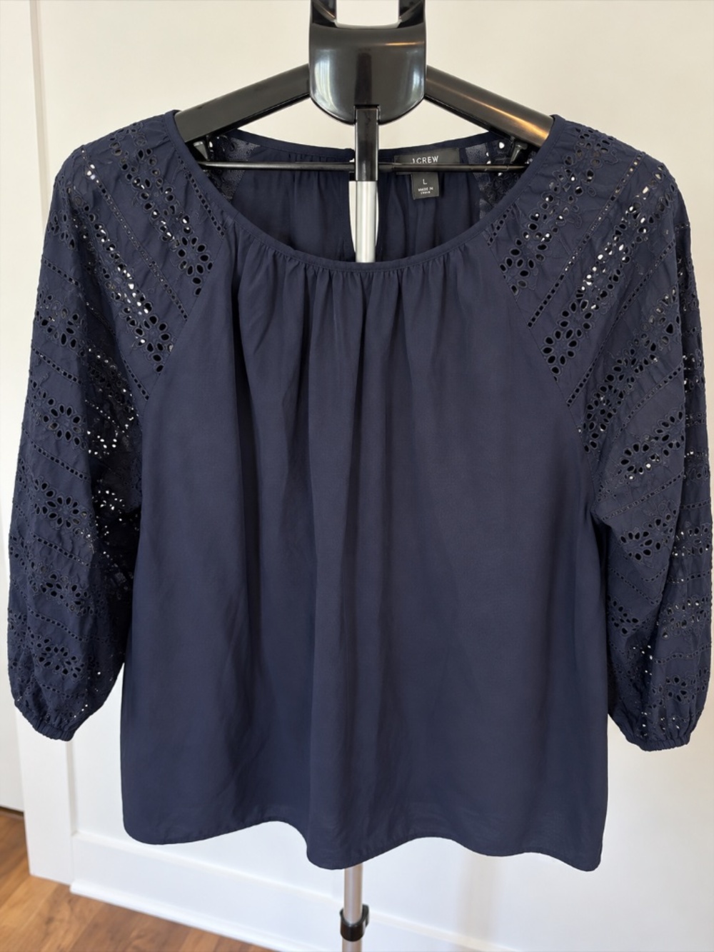 J.Crew Navy Eyelet 3/4 Sleeve Blouse Top (Large)